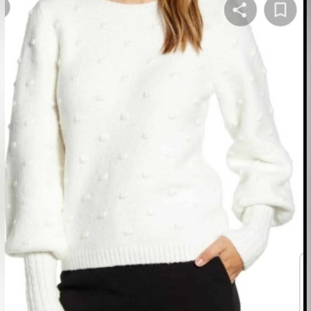 Rachel Parcell Bobble Stitch Sweater Women Medium White EUC Puff Sleeve Pullover